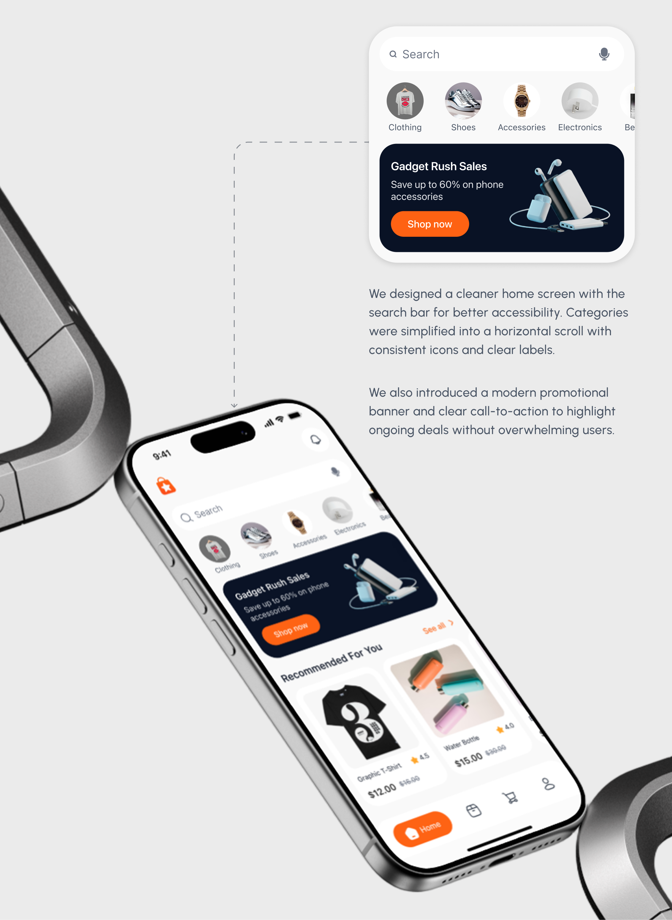Composed image: search and categories UI frame top-right, tilted phone showing kikku home screen with search bar, categories and Gadget Rush Sales banner bottom-left